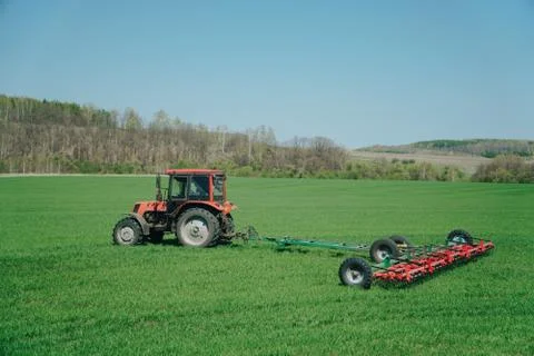 The tractor is working on a green spring field. Agriculture with cereal crops Stock Photos