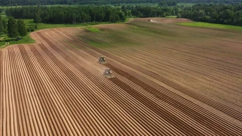 Tractors hilling potatoes in field, creating comb on potato field, aerial view Stock Footage 245213892