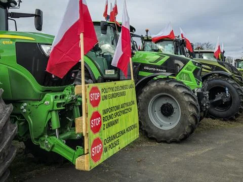 Tractors at a protest with banners Fotos de archivo