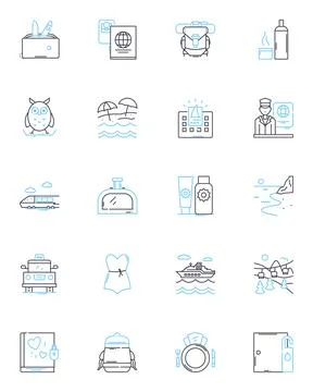 Trade commerce linear icons set. Export, Import, Barter, Deal, Goods, Services Stock Illustration