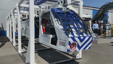 Trade Fair for Coal Mining Technology. Underground Monorail Diesel locomotive. Stock Footage 155802317