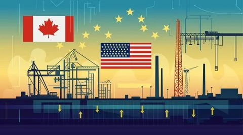 Trade war tariffs war Canada United States European Union industrial Illustrazione stock