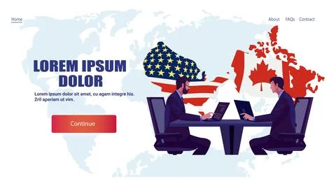 Trade war tariffs war USA Canada negotiation businessmen at table laptops world 스톡 일러스트
