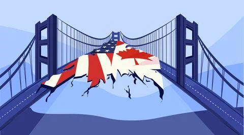 Trade war USA Canada tariffs war broken bridge concept damaged road with Stock Illustration