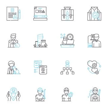 Trade work linear icons set. Carpentry, Plumbing, Electrical, Masonry, Welding Illustrazione stock