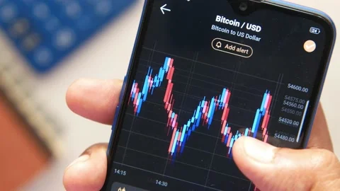 The trader Analysis The Bitcoin BTC Chart in the Smartphone App . Stock Footage 162481718
