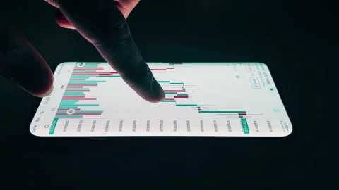 A trader analyzes candlestick charts of crypto in a smartphone application Stock Footage 162274824