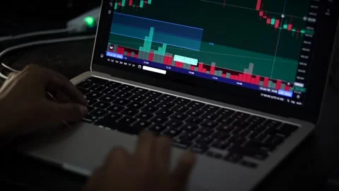 Trader Analyzing Candlestick Chart and Market Data on Laptop Computer Vidéo 340450264