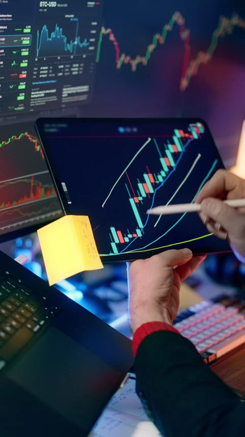 Trader Analyzing Cryptocurrency Market Growth on Stylus Tablet, Close Up Stock Footage 342060225