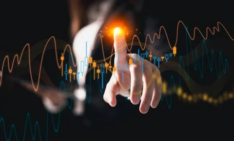 Trader analyzing data on virtual screen. Business strategy development and .. Stock Photos