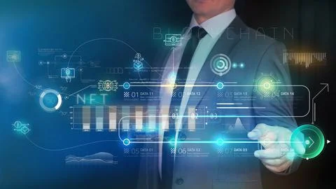 Trader and holographic data panel on crypto assets Stock Illustration