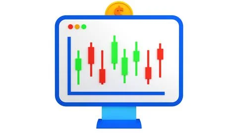 Trader graph. Computer with candlestick trading chart and dollar coin.  Illustrazione stock