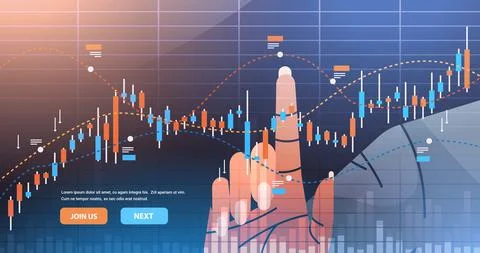 Trader hand analyzig falling down stock market trading graph candlestick chart Stock Illustration