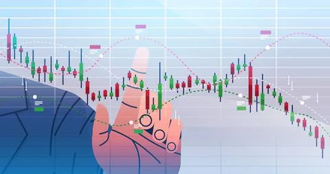 Trader hand analyzig falling down stock market trading graph candlestick chart Stock Illustration