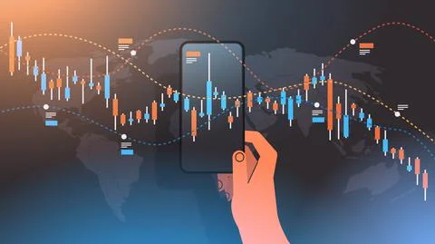 Trader hand analyzing falling down stock market trading graph candlestick cha Stock Illustration