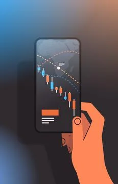 Trader hand analyzing falling down stock market trading graph candlestick chart Stock Illustration