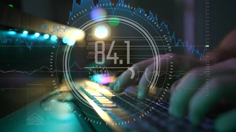 Trader hands writing on keyboard in background with hud interface animation  Stock Footage 237022792