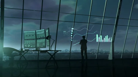 A trader in his office surrounded by a virtual data array. Stock Footage 121143169
