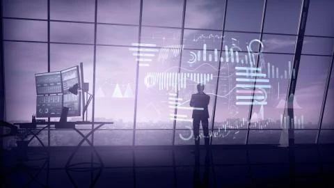 A trader in his office is surrounded by a virtual data array. イラスト素材