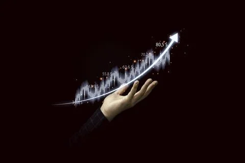 Trader holding graph chart with arrow for analysis stock market information.. Stock Photos