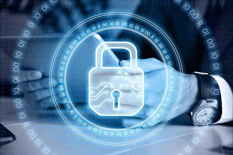 Trader man using tablet computer and digital lock icon hologram 写真素材