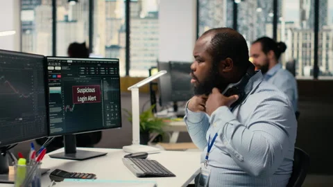 Trader in office spots suspicious login attempt warning on trading platform Stock Footage 315142184