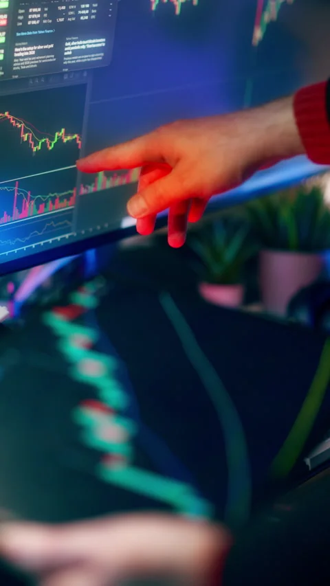 Trader Pointing Finger at Cryptocurrency Stock Market Chart Screen, Close Up Stock Footage 342060244