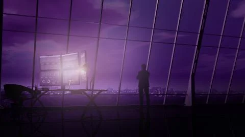 A trader is standing opposite a panoramic window in a dark office. Stock Illustration