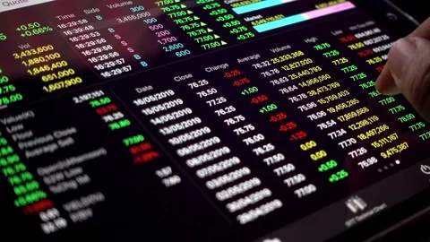 Trader tracking stock market data and charts on a digital tablet Stock Footage 333484896