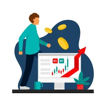 The trader tracks the charts at the computer. Trading, quotes, stocks Stock Illustration