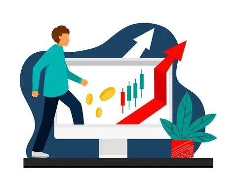 The trader tracks the charts at the computer. Trading, quotes, stocks Stock Illustration