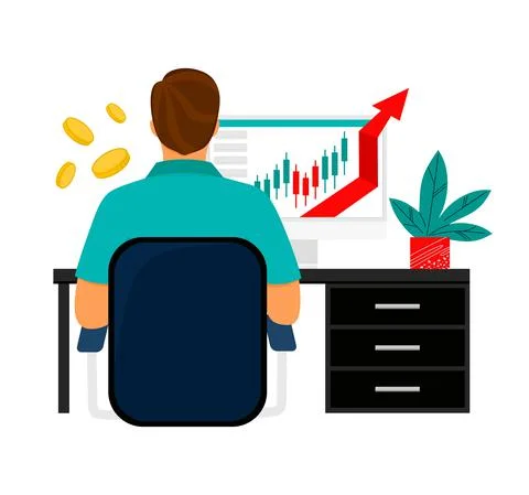 The trader tracks the charts at the computer. Trading, quotes, stocks, invest Stock Illustration