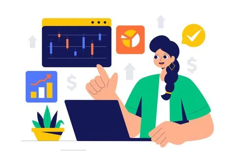 Trader Vector Illustration Featuring Financial Trend Evaluation, Data Analy.. Stock Illustration
