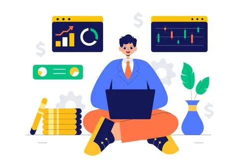Trader Vector Illustration Featuring Financial Trend Evaluation, Data Analy.. Stock Illustration