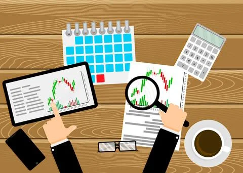 Trader work place, analyzing exchange chart candlestick Stock Illustration
