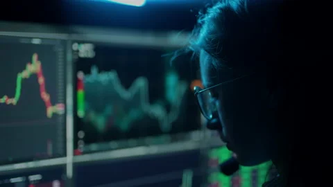 Trader is working with multiple computer screens with charts and data analysis Stock Footage 157562591