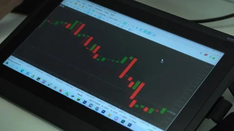 Trader is working with tablet. Screen with stock charts and data analysis. Stock Footage 240507948