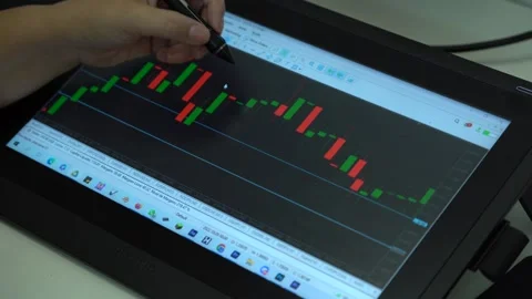 Trader is working with tablet. Screen with stock charts and data analysis. Stock Footage 240507955