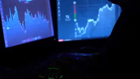A trader works with a computer. Screen with stock charts and data analysis. Stock Footage 262973588
