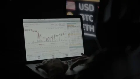 The trader works with electronic reports on the rates of crypto currencies. The Stock Footage 84843798