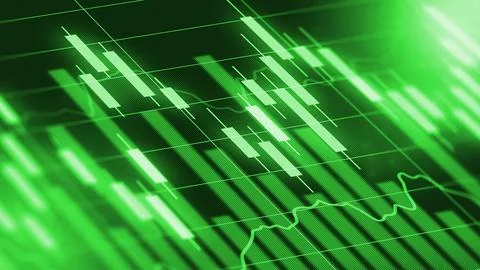 Traders analyze charts with green graphs showing market trends and price Stock Illustration