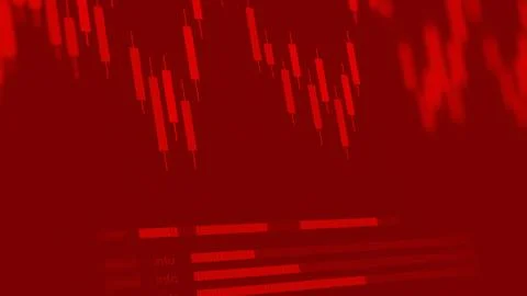 Traders analyze charts on a red background showing market data and price Stock Photos
