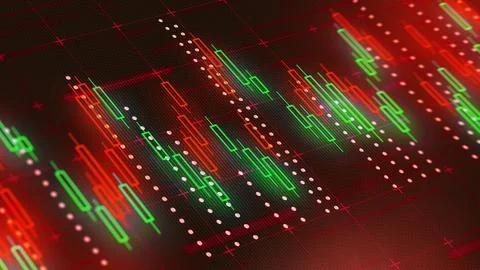 Traders analyze financial charts with red and green data points during market Stock Illustration