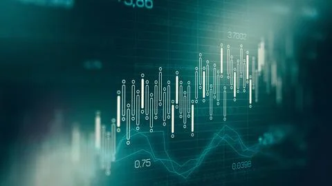 Traders analyze graphs and charts showing market data at a busy trading desk Stock Illustration