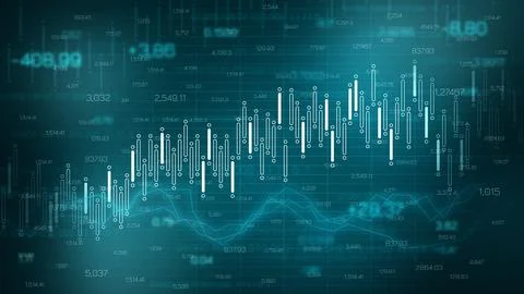 Traders analyze market trends using charts and graphs on screens in a busy Stock Illustration