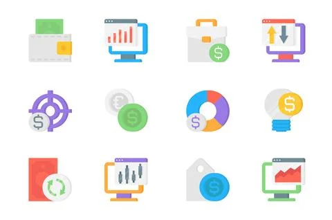 Trading 3d icons set. Pack flat pictograms of money in wallet, data analysi.. Illustrazione stock