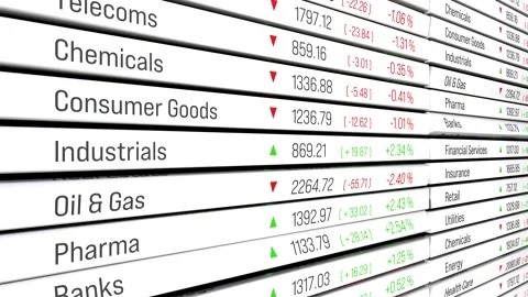 Trading board with industrial sector data, prices and changes, stock market info Stock Footage 344123768