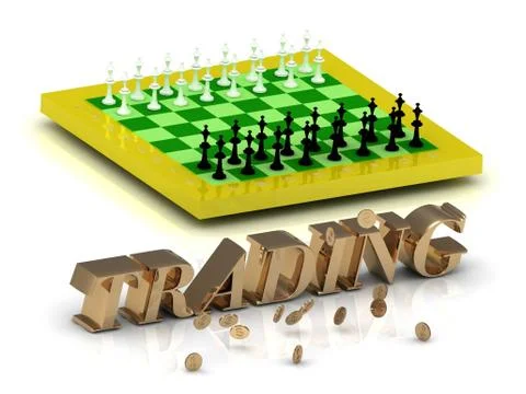 TRADING- bright gold letters money and yellow chess on white background Stock Illustration