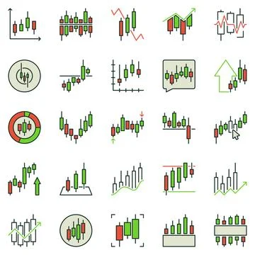 Trading Candlestick Chart colored icons set. Technical Analysis or Investme.. Stock Illustration