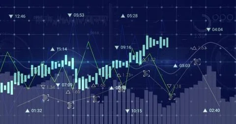 Trading chart receiving live data, animating cyan candlesticks, green line, 库存插图